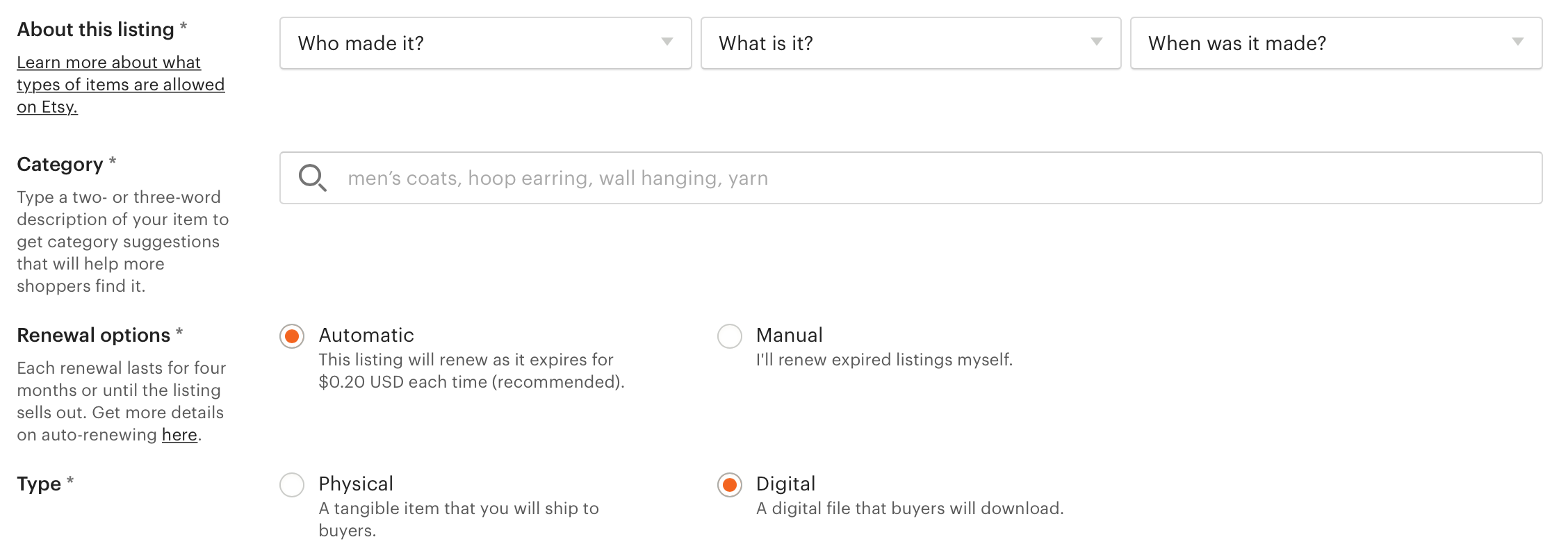 The look of page when you create digital listing on Etsy