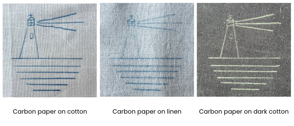 Three samples showing a lighthouse sketch created with carbon paper on cotton, linen, and dark cotton fabrics.