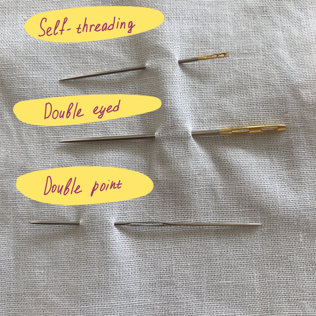 Self threading, double eyed and double point needles