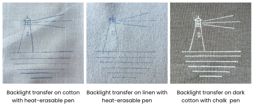 Triptych of backlight fabric transfers: lighthouse sketch on cotton with heat-erasable pen, linen with heat-erasable pen, dark cotton with chalk pen.