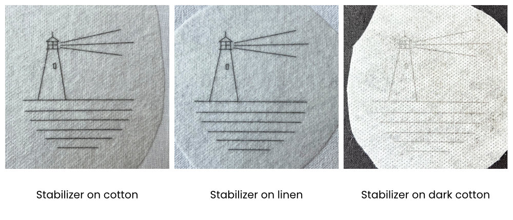 Lighthouse embroidery samples showing stabilizer on cotton, linen, and dark cotton.
