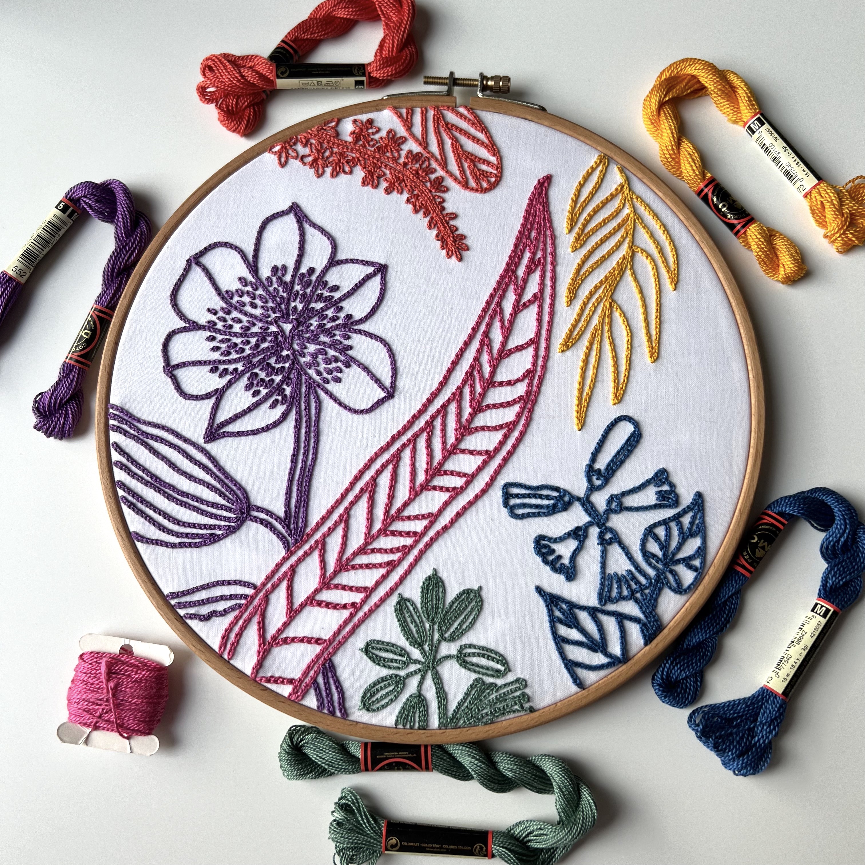 Embroidery hoop with colorful floral design in purple, red, yellow, blue, and green threads; skeins surrounding.