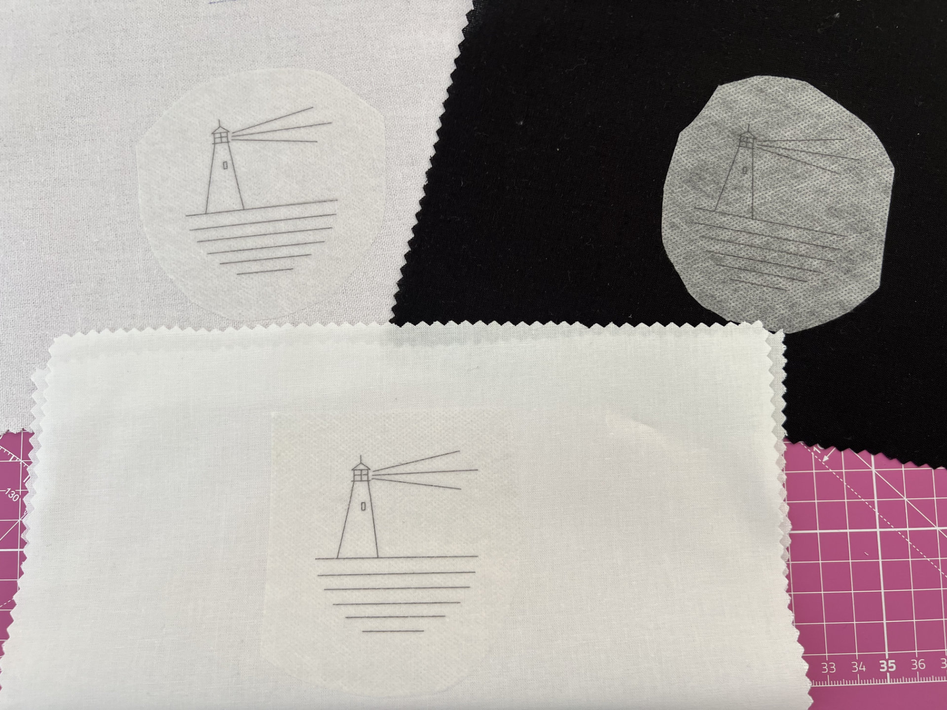 Three stabilizer patches show a minimalist lighthouse line drawing with printed lines on light, dark backgrounds near a pink cutting mat.