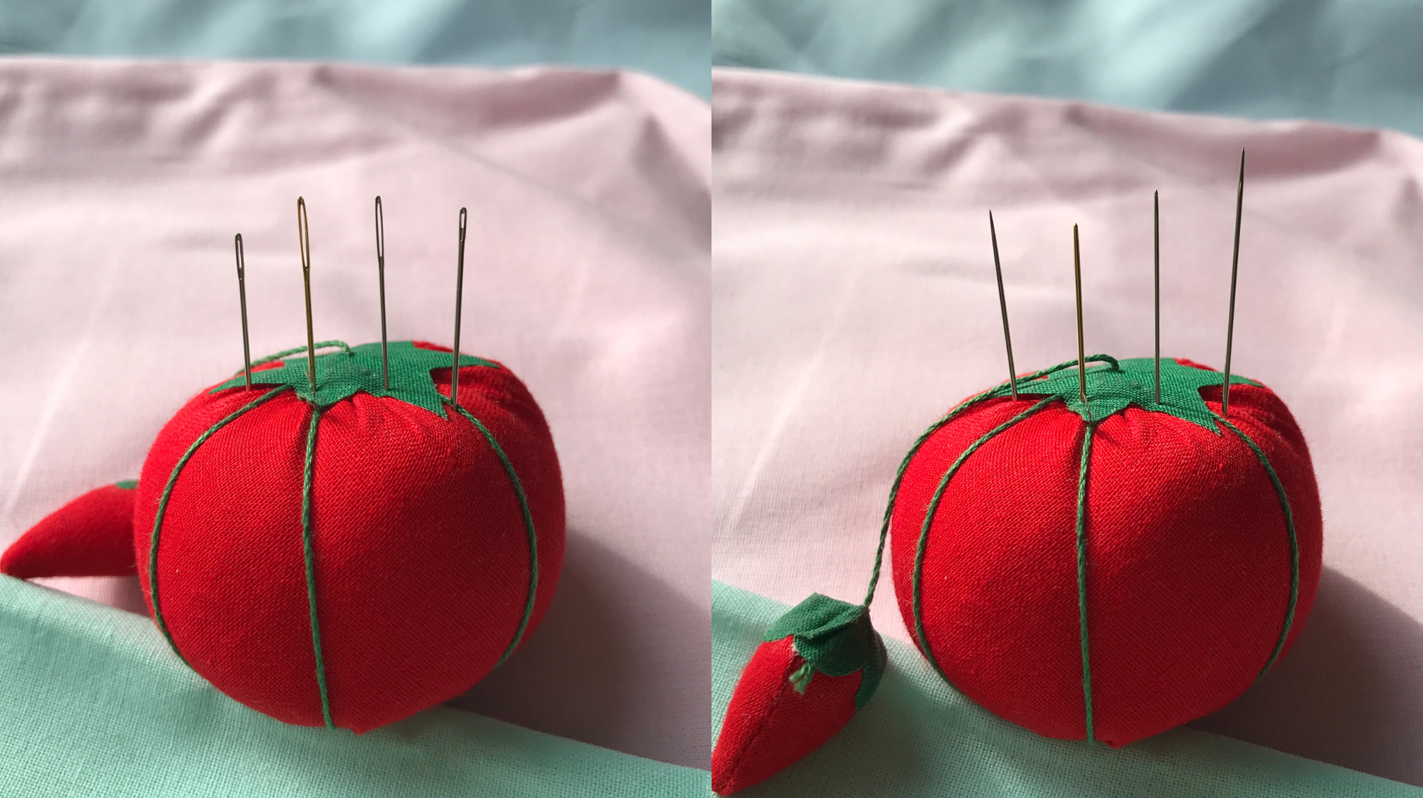 Side-by-side photo of a red tomato pincushion with four hand-sewing needles: the left half shows the needle eyes (different eye shapes and sizes, including a gold needle), and the right half shows the needle tips (different point sharpness) against a pale fabric background.