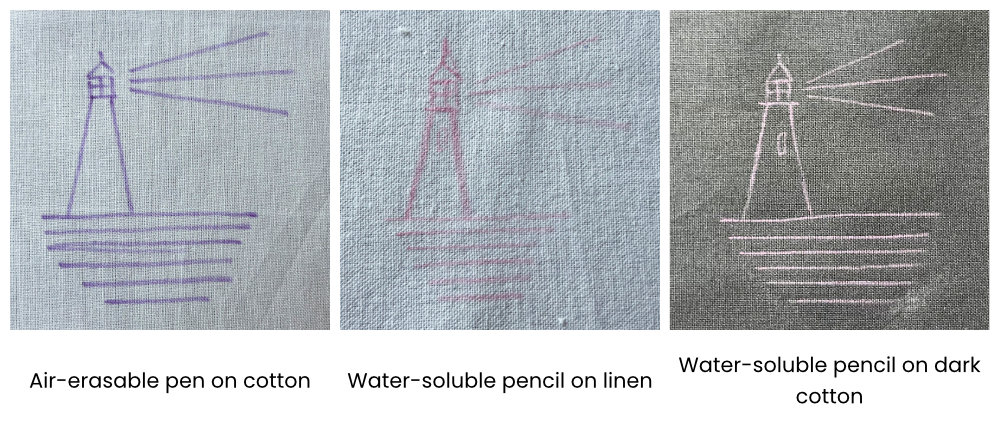 Lighthouse sketches: air-erasable pen on cotton; water-soluble pencil on linen; water-soluble pencil on dark cotton.